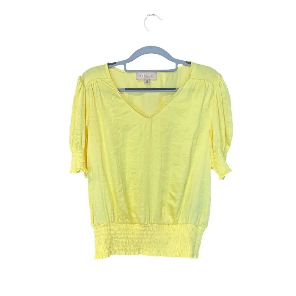 Philosophy Satin-Silky Crinkled Pullover Short Sleeve Top/Blouse Yellow Large